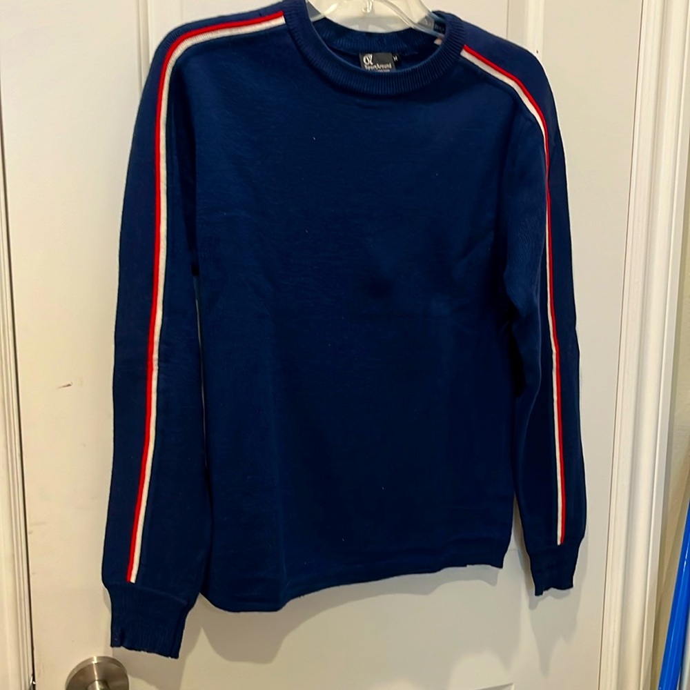 Ski sweater navy with red/white racing stripes wool Medium lightly worn